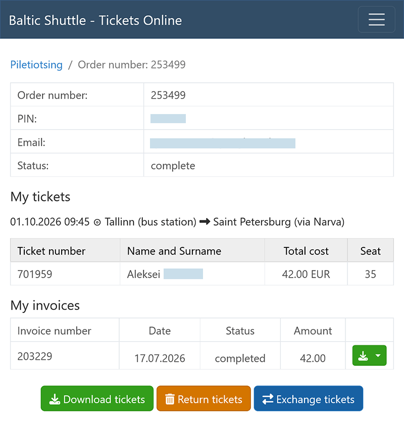 Information about ordering tickets