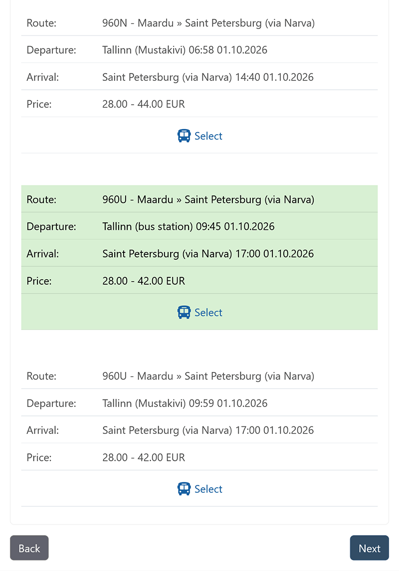 Baltic Shuttle bus route search results