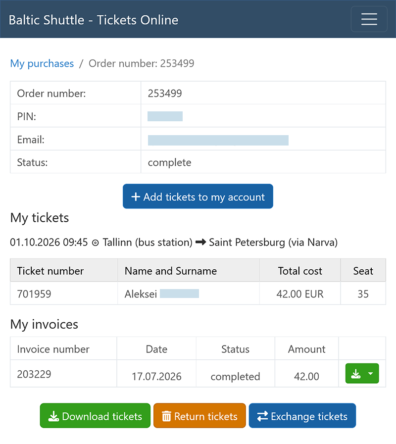 Adding a found order to My Purchases