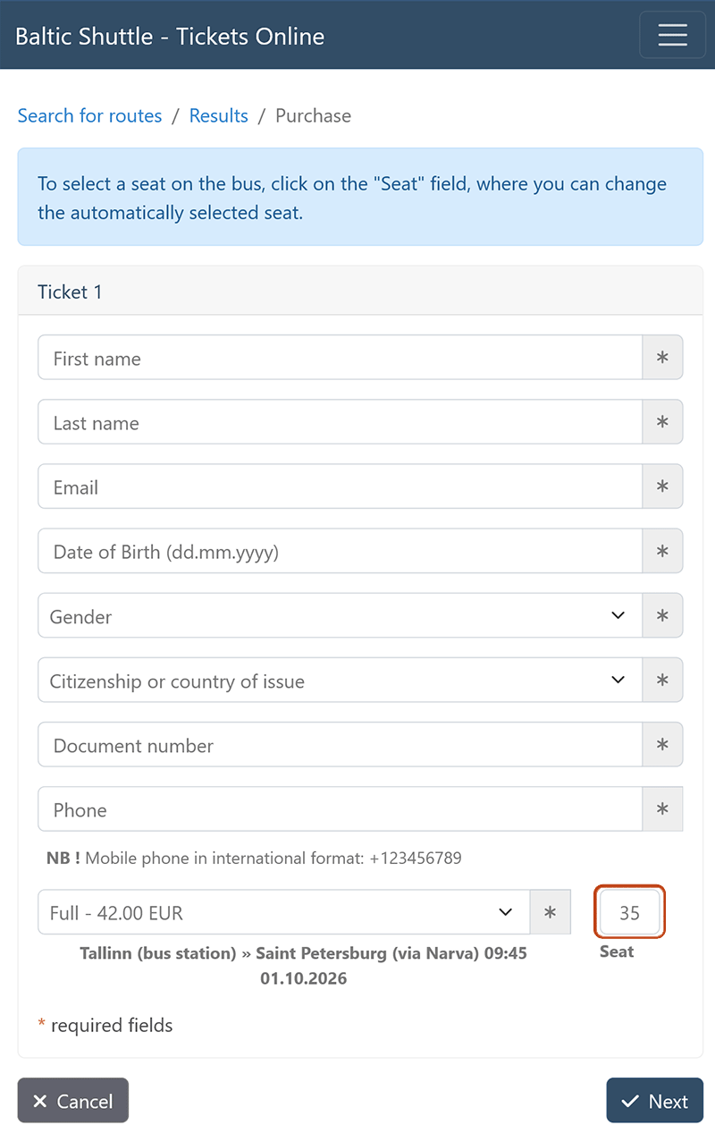 Filling in passenger data