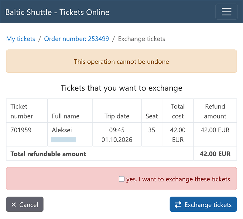 Confirmation of ticket exchange