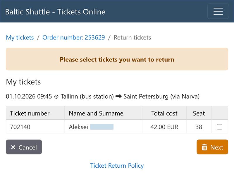 Selecting tickets for return