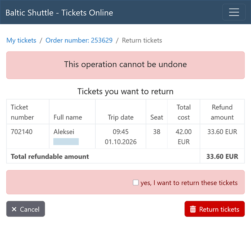 Ticket refund confirmation