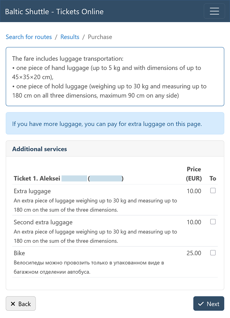 Payment for additional luggage