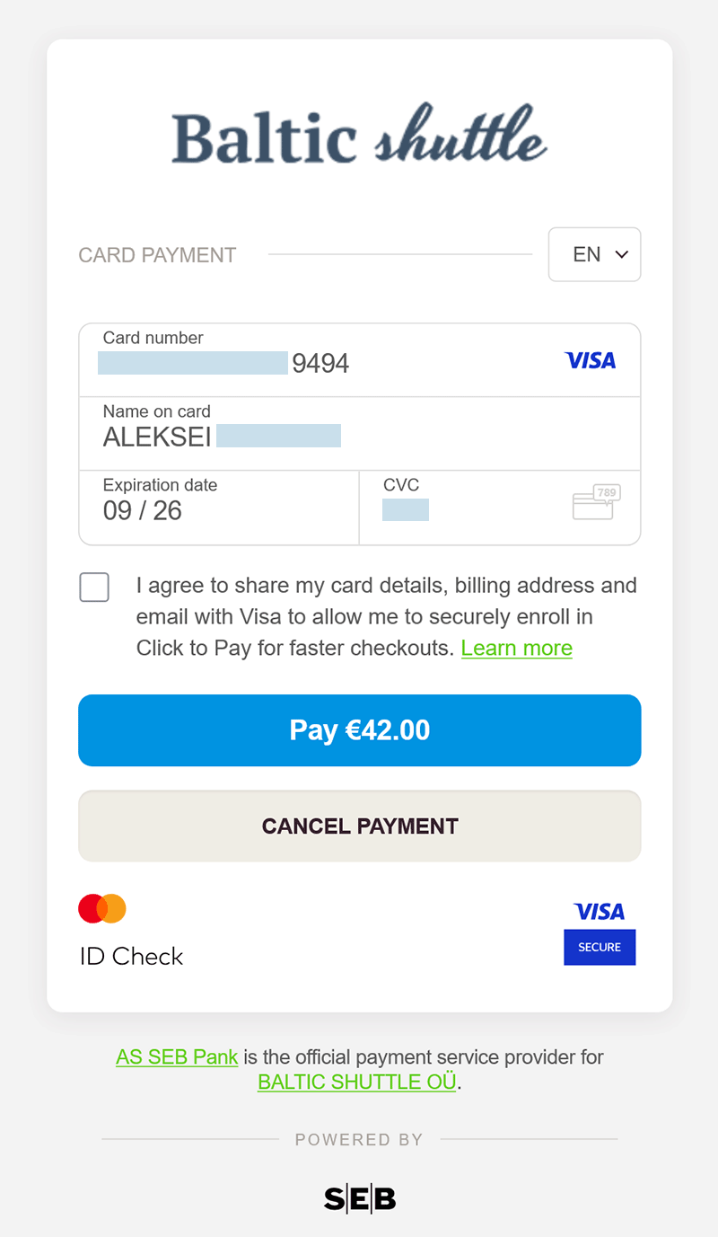 Paying by bank card and activating Click to Pay