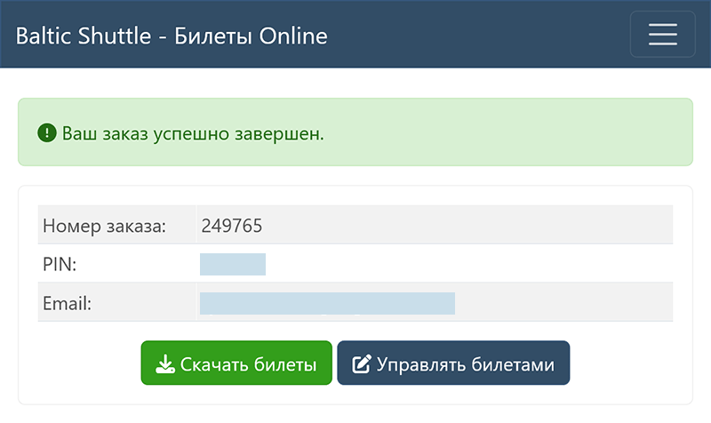 Успешное завершение покупки билета