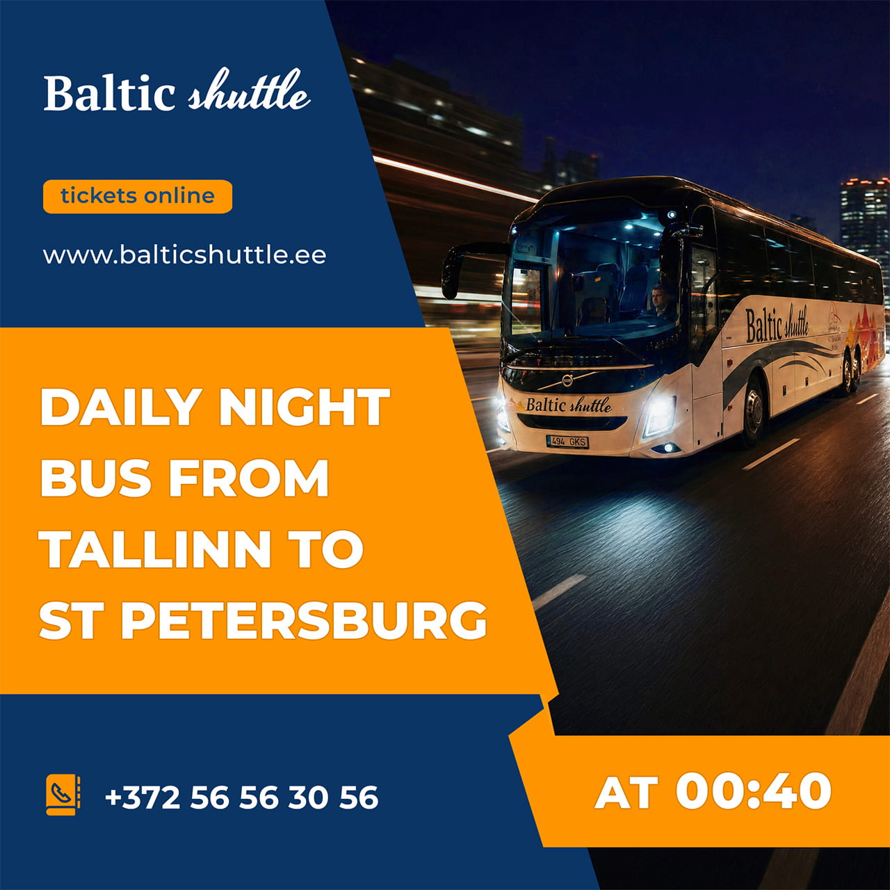 Daily night bus route from Tallinn to Saint Petersburg